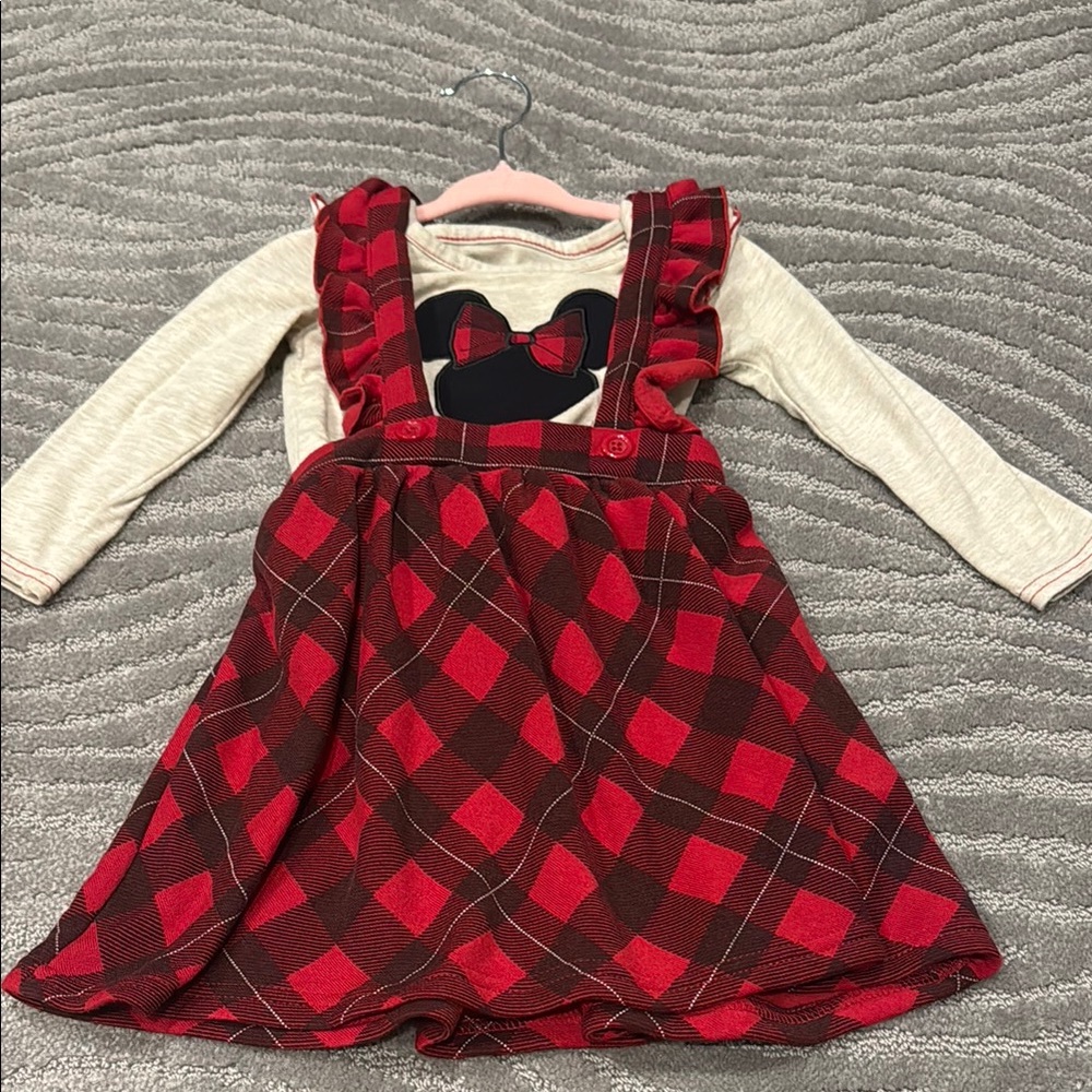 Red Plaid Jumper Dress with Cream Long Sleeve Mickey Ears shirt